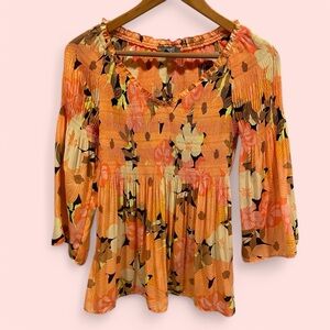 Peach floral boho crinkle flowy ruffle collar top v-neck coachella festival